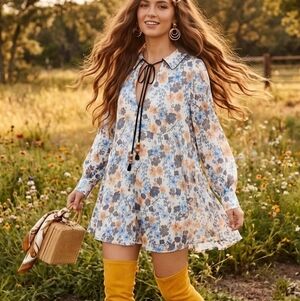 Free People Long Sleeve Mini Dress Size Medium NWT Blue White Orange
